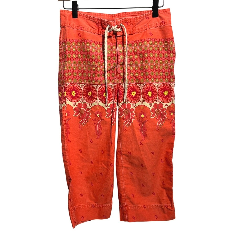 VTG Y2K Orange Paisley Capris Low Rise Womens 4 Cotton Old Navy Groovy Boho Surf